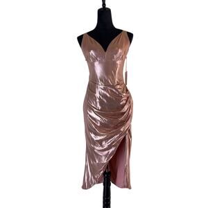 NWT Rosevelvet Metallic Rose Gold Pink Slit Midi Dress Gown Sz L